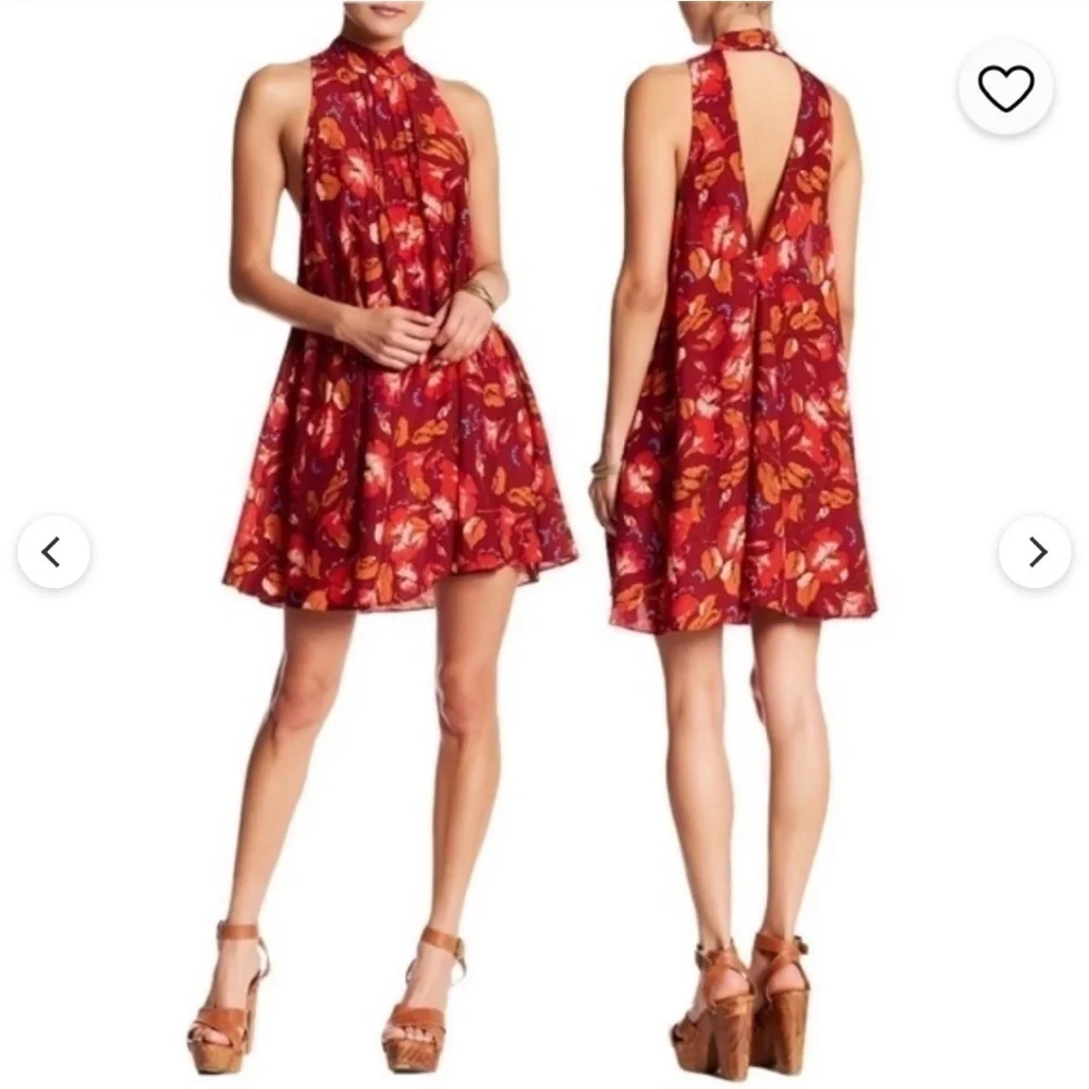 Intimately Free People Beaux Red Multi Floral Mock Neck Backless Slip Dress S